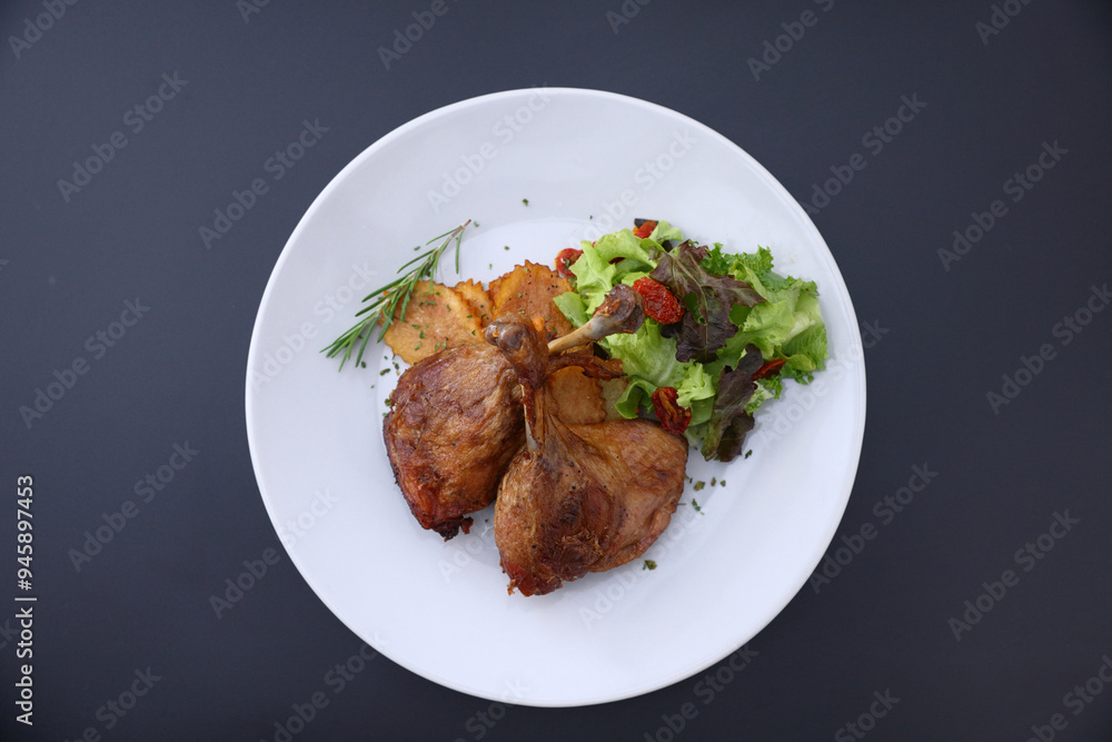 Duck leg confit with sauce. isolate in white background. top view. Duck confit on white plate Duck leg confit with sauce. isolate in white background. top view. Duck confit on white plate