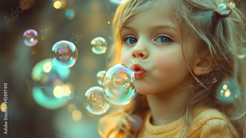 A young girl blowing bubbles, her eyes sparkling with delight