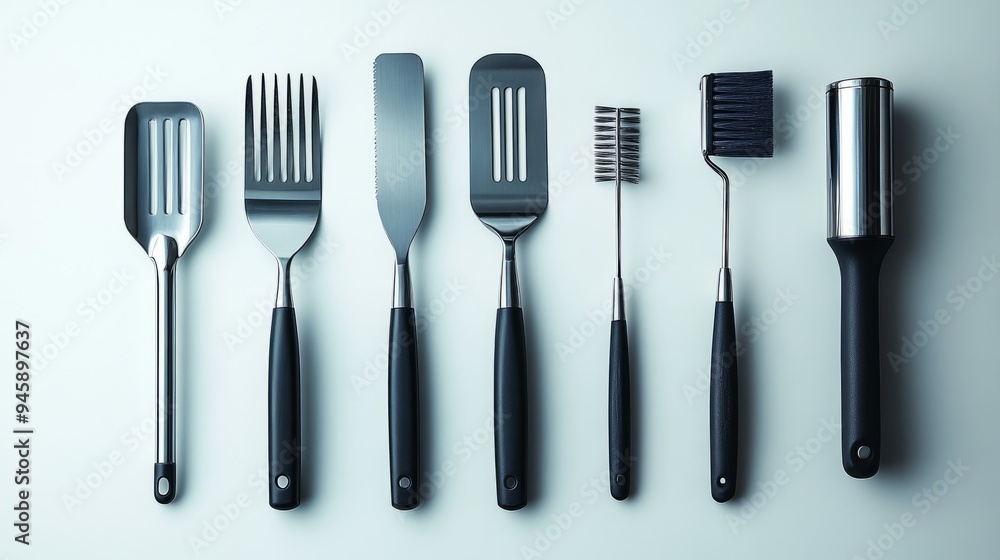 Kitchen utensils neatly arranged on a light background Kitchen utensils neatly arranged on a light background