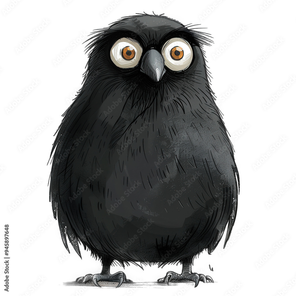 An illustration of a round black bird with big eyes standing on a white background. The bird is facing the viewer and has a slightly surprised expression An illustration of a round black bird with big eyes standing on a white background. The bird is facing the viewer and has a slightly surprised expression