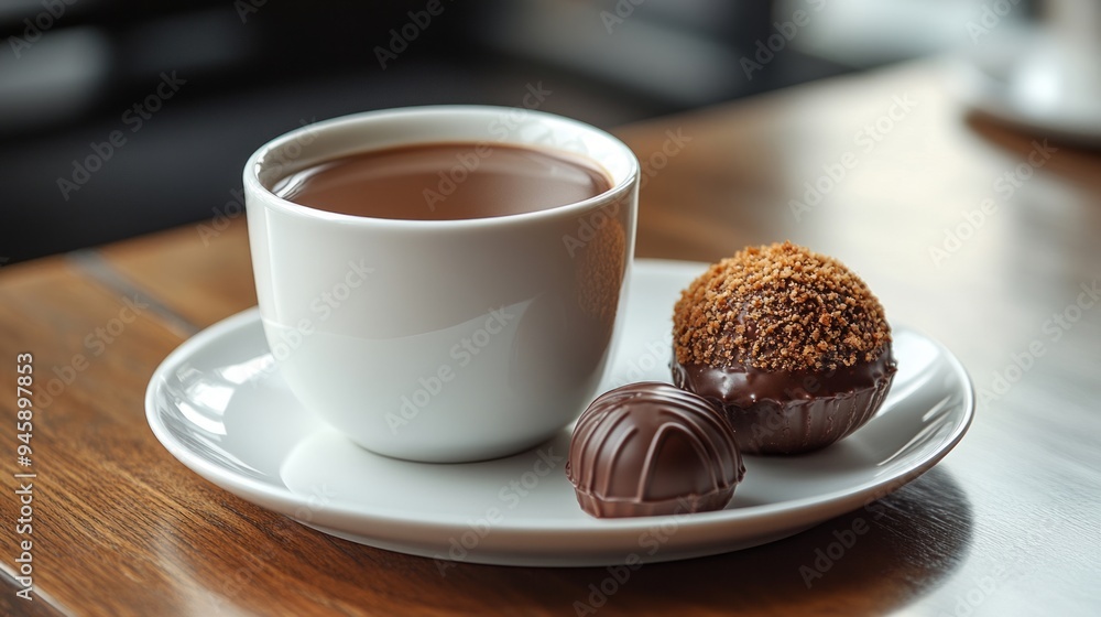 Cup of coffee with delicious chocolate truffles on a saucer Cup of coffee with delicious chocolate truffles on a saucer