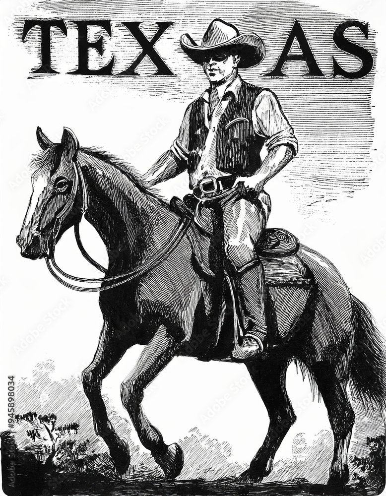 Monochrome cowboy riding a horse in the Texas wilderness. Wild West, wearing a hat, vest, and boots. Majestic, confident equestrian. Detailed western artwork, rugged, rustic depiction. Monochrome cowboy riding a horse in the Texas wilderness. Wild West, wearing a hat, vest, and boots. Majestic, confident equestrian. Detailed western artwork, rugged, rustic depiction.