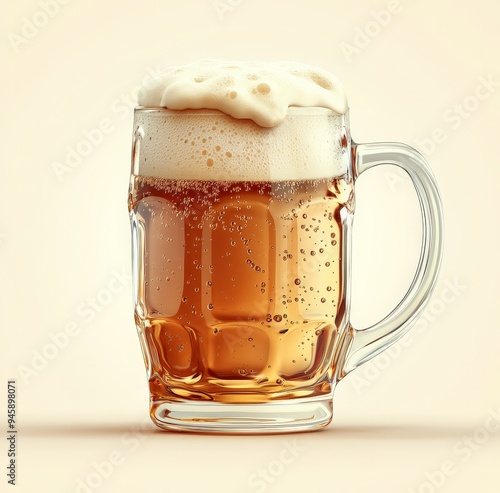 A refreshing glass of beer with frothy foam on top, set against a soft pastel...