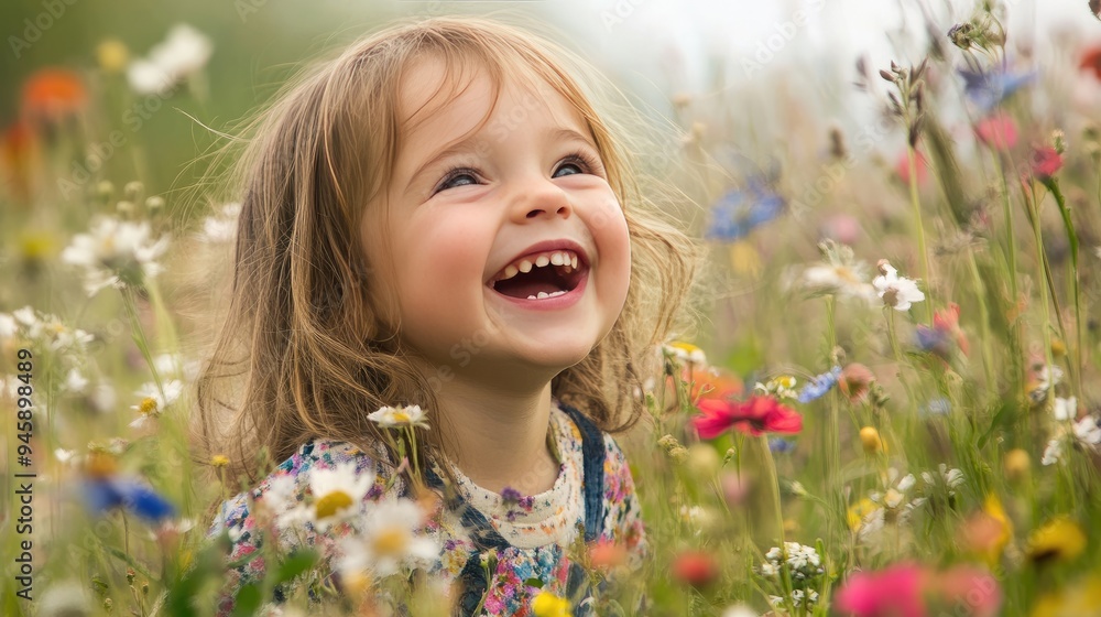 A young girl laughing and playing in a field of flowers, A young girl laughing and playing in a field of flowers,