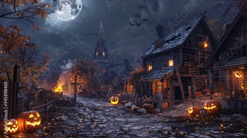 At midnight, during the full moon time, an old town looks deserted and quiet, spooky and scary. An old town with a Halloween theme photo