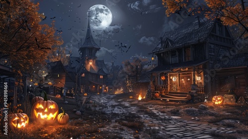 At midnight, during the full moon time, an old town looks deserted and quiet, spooky and scary. An old town with a Halloween theme