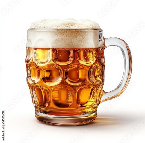 Refreshing cold beer in a frosted glass mug with a thick foam head on a sunny...