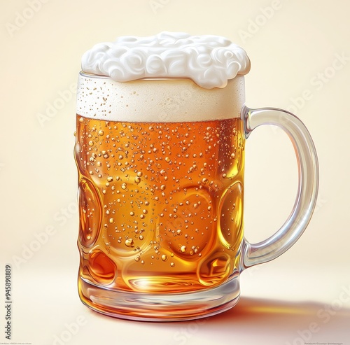 A frothy glass of golden beer with bubbles on a clean surface ready for enjoy...