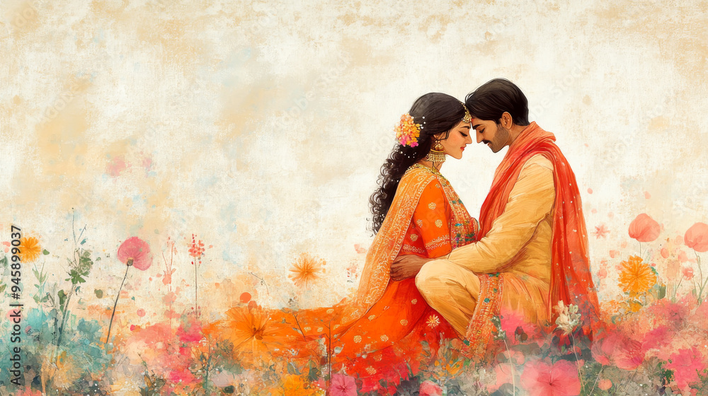 Obraz premium Indian couple wearing traditional clothing is embracing in a field of flowers