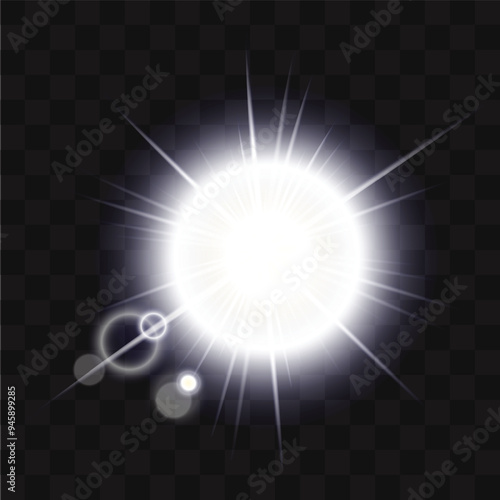 Rays shining white cold light, radial sun rays, sun promenades on transparent background, vector image