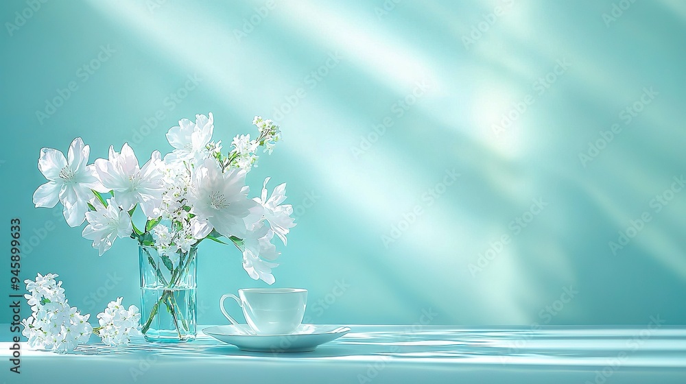 A vase filled with white flowers sits beside a cup and saucer on a table A vase filled with white flowers sits beside a cup and saucer on a table