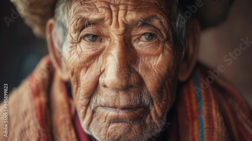 An elderly man, embodying wisdom and tranquility, presents a captivating portrait highlighting the beauty of different ethnicities and life’s experiences. Generative AI