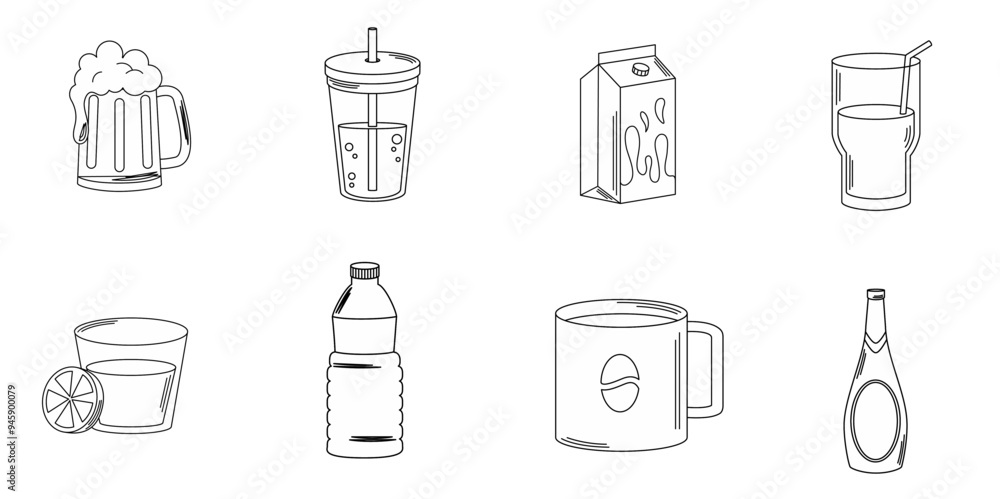 drinks beverage glass cups bottle alcoholic liquor icons set line style icon Vector drinks beverage glass cups bottle alcoholic liquor icons set line style icon Vector