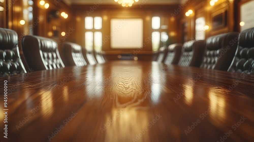 A spacious conference room with a long wooden table at the center, surrounded by leather chairs A spacious conference room with a long wooden table at the center, surrounded by leather chairs