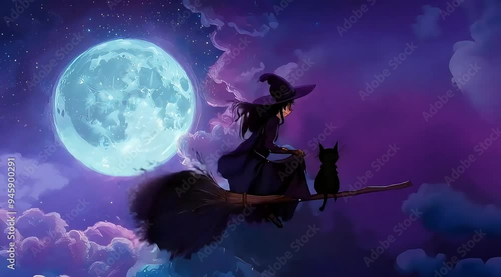 A witch floats in the air on her broom, with a black cat perched at the ...