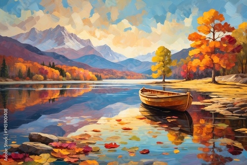 Colorful autumn, fall landscape forest woodland lake painting with lonely boat and mountain, seasonal theme concept texture design.
 photo