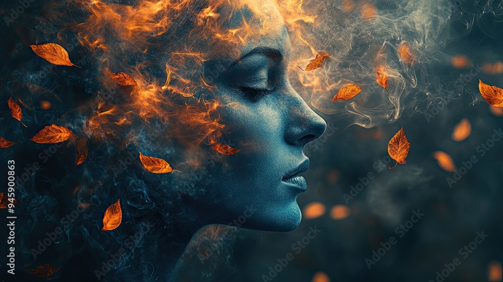 cute face in ethereal smoke, vibrant orange and turquoise hues of falling golden leaves cute face in ethereal smoke, vibrant orange and turquoise hues of falling golden leaves