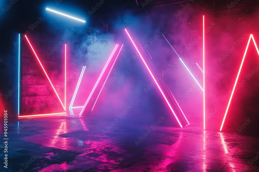 Neon Light Show In Dark Room With Smoke. Neon Light Show In Dark Room With Smoke.