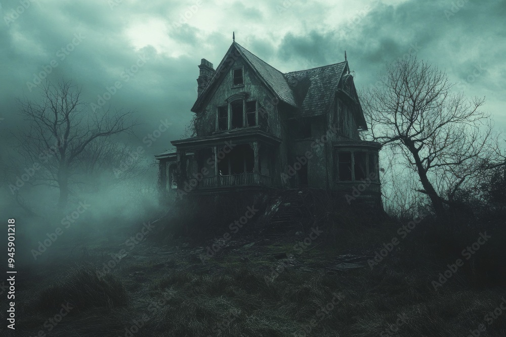 A gloomy evening with a cloudy sky about to darken Haunted house in the forest A gloomy evening with a cloudy sky about to darken Haunted house in the forest