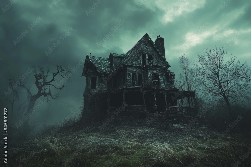 A gloomy evening with a cloudy sky about to darken Haunted house in the forest A gloomy evening with a cloudy sky about to darken Haunted house in the forest