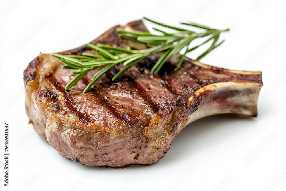A grilled lamb chop garnished with rosemary, showcasing a delicious food presentation. A grilled lamb chop garnished with rosemary, showcasing a delicious food presentation.