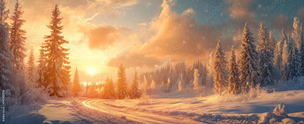 Naklejka premium Winter Sunset Forest.