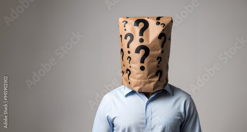 A person in a light blue shirt stands with a brown paper bag on their head, marked with question marks, suggesting anonymity or mystery. photo