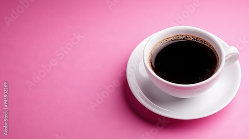  Close-up of coffee cup on pink saucer with white background