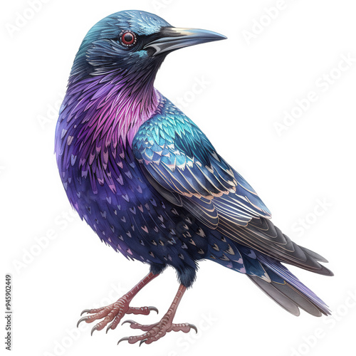 A colorful illustration of a starling bird with iridescent purple and blue feathers, standing on a white background, with its head turned to the side