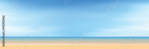 View of the sandy beach of the sea,  summer background, blue sky, sea and yellow sand