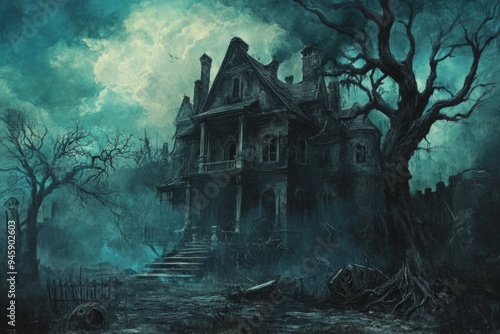 A gloomy evening with a cloudy sky about to darken Haunted house in the forest