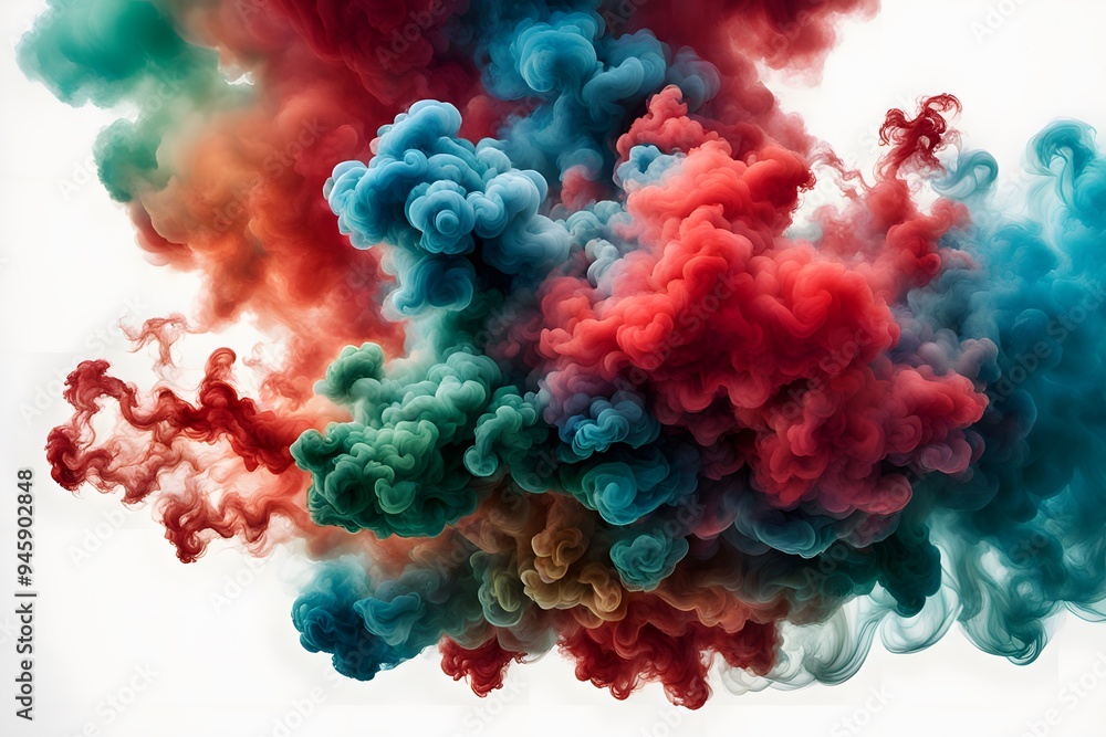 Fototapeta premium A vivid explosion of multicolored smoke including reds greens and blues spreading across a white, Ai generated