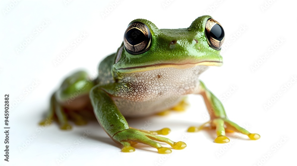 Obraz premium Tiny Green Frog with Large Eyes on White Background