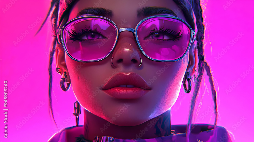 Neon Glow: A Portrait of a Woman with Pink Sunglasses and Braids Neon Glow: A Portrait of a Woman with Pink Sunglasses and Braids