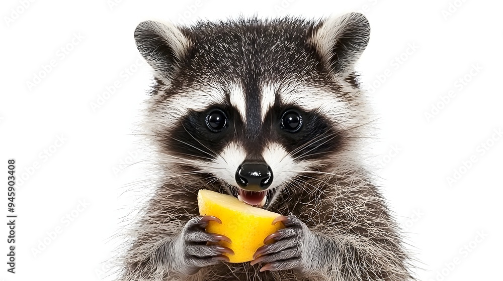 Obraz premium Mischievous Raccoon Holding Piece of Fruit on White Backdrop