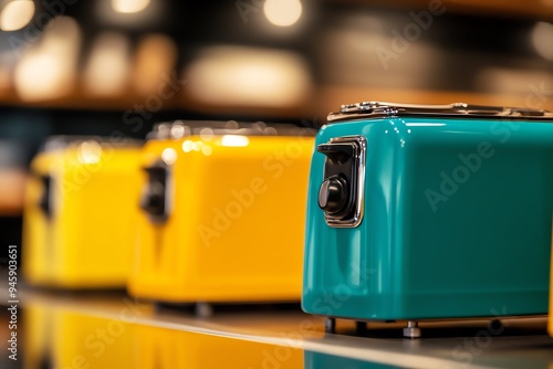 Colorful toasters in vibrant yellow and teal, adding a modern touch to kitchen decor and showcasing vintage style.