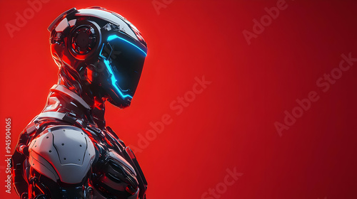 Futuristic robot in a silver suit with a glowing blue visor on a red background isolated on transparent background.