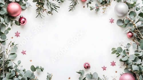 Christmas Ornaments and Evergreen Foliage on White Festive Background