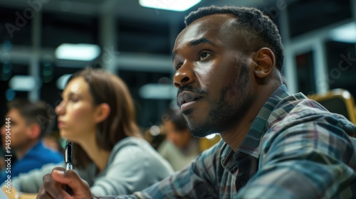 Adults attending a night class, listening to the instructor and taking notes in a modern classroom