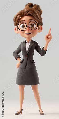 A stylized animated character in business attire, smiling and gesturing confidently.