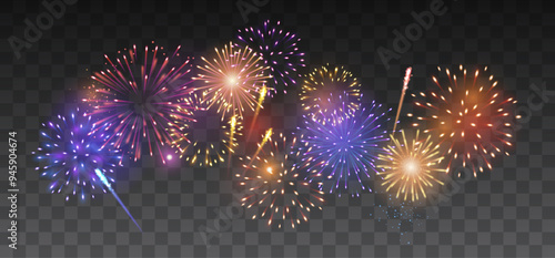 Vector decorative border with colorful exploding fireworks in the sky on transparent background - celebration card, festival banner
