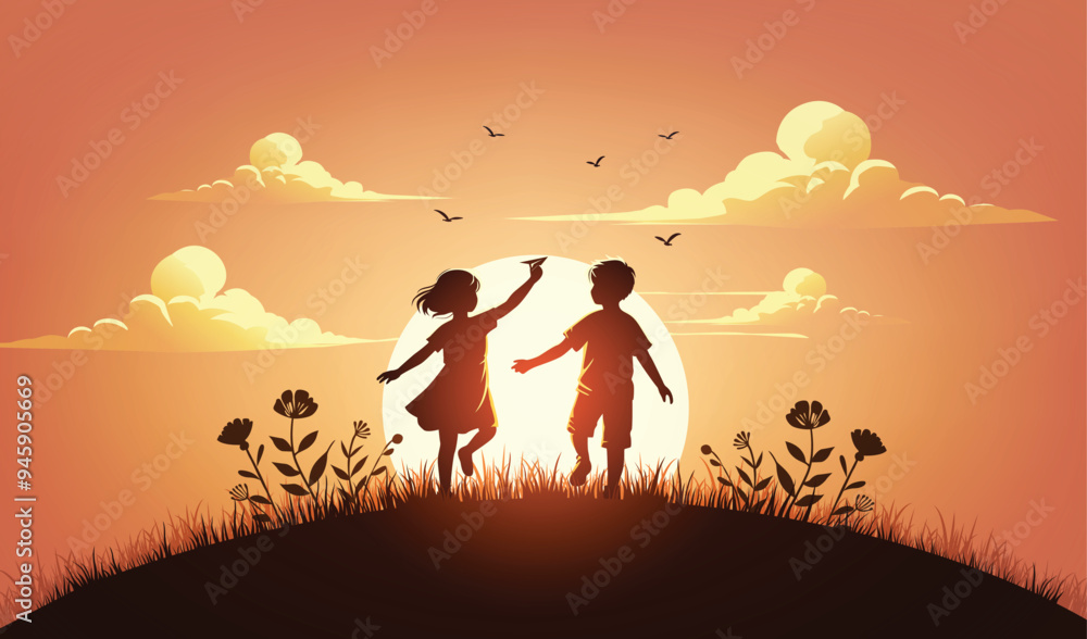 Fototapeta premium Two Children Holding Hands at Sunset Silhouette