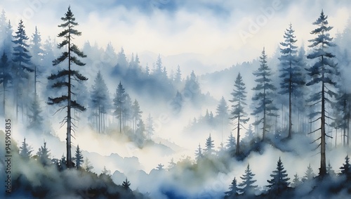 Aquarell Landschaft - Nebelwälder