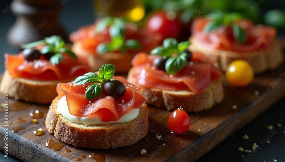 Delicious appetizer with fresh ingredients on a wooden board Delicious appetizer with fresh ingredients on a wooden board
