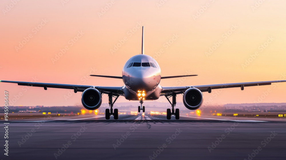 A stunning view of an airplane on the runway during sunset, showcasing its sleek design and vibrant colors against the sky. A stunning view of an airplane on the runway during sunset, showcasing its sleek design and vibrant colors against the sky.