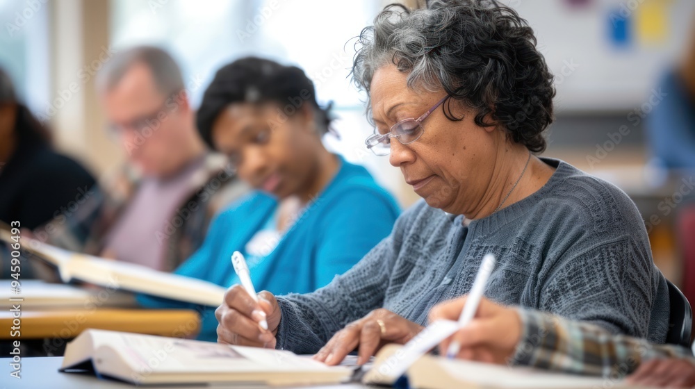 A group of adults practicing reading comprehension in a classroom, using workbooks and flashcards A group of adults practicing reading comprehension in a classroom, using workbooks and flashcards