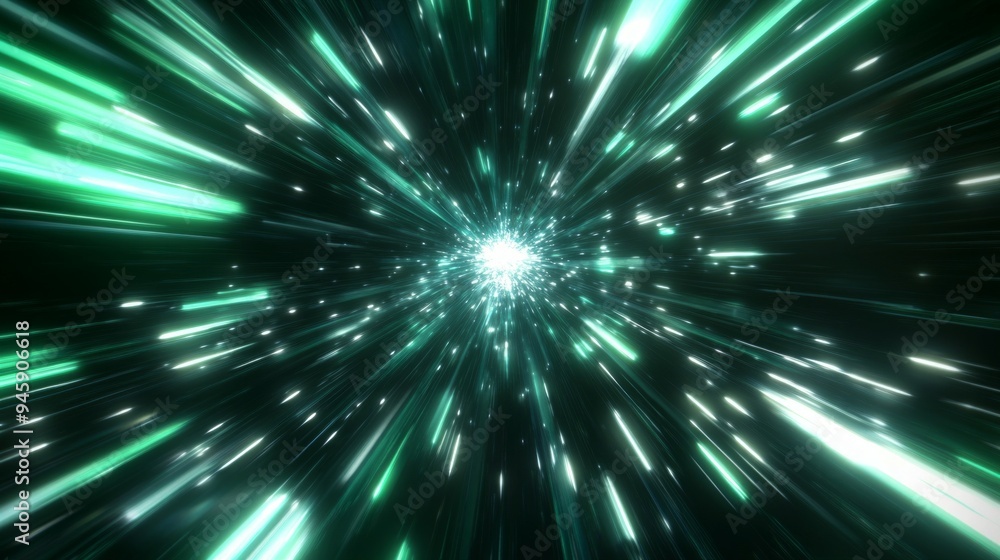 Naklejka premium A futuristic light tunnel abstract background with a bright white star explosion. Light speed, black green and cyan light beams flying fast from center to edges of screen.