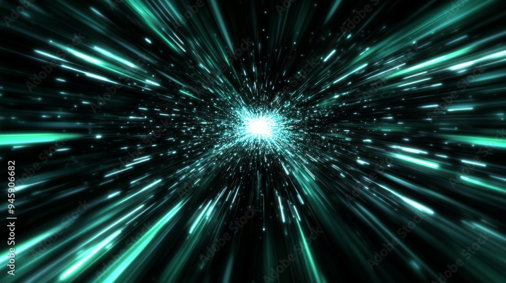 Naklejka premium A futuristic light tunnel abstract background with a bright white star explosion. Light speed, black green and cyan light beams flying fast from center to edges of screen.