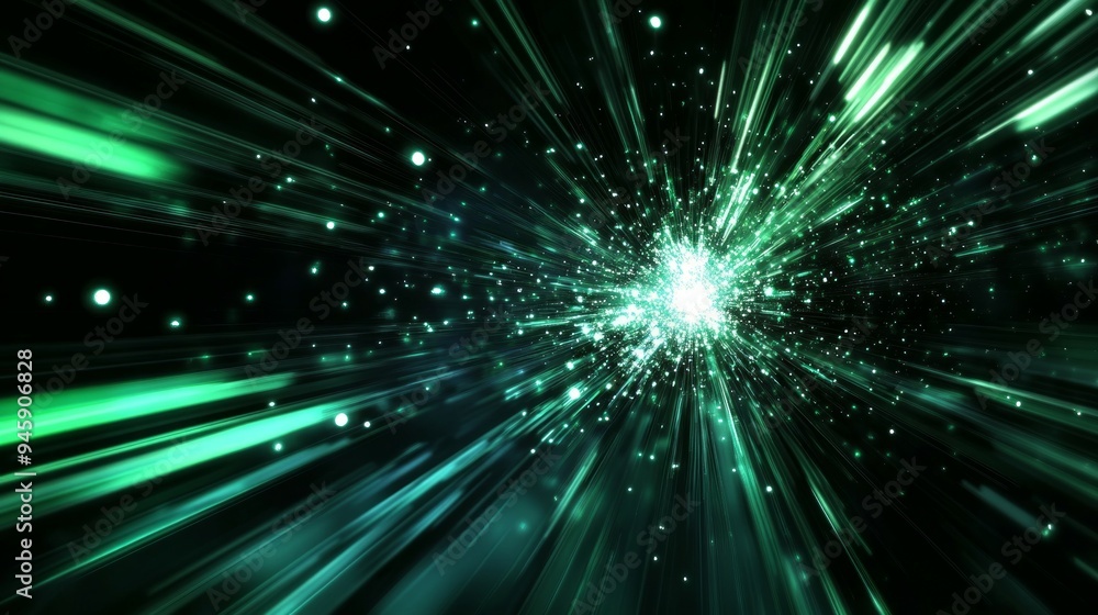A futuristic light tunnel abstract background with a bright white star explosion. Light speed, black green and cyan light beams flying fast from center to edges of screen. A futuristic light tunnel abstract background with a bright white star explosion. Light speed, black green and cyan light beams flying fast from center to edges of screen.