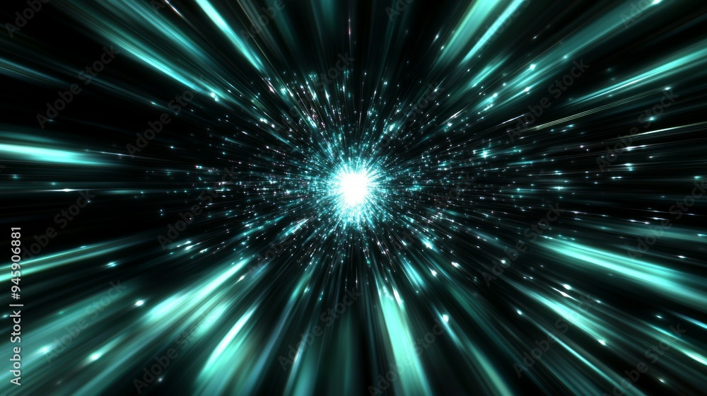 Naklejka premium A futuristic light tunnel abstract background with a bright white star explosion. Light speed, black green and cyan light beams flying fast from center to edges of screen.
